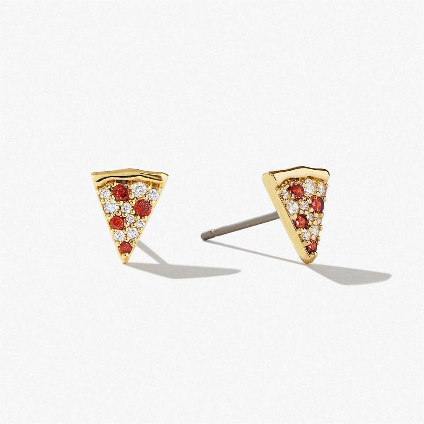 Creative Pizza Earrings,Zircon Pizza Earrings,18K Gold Copper Stud Earring