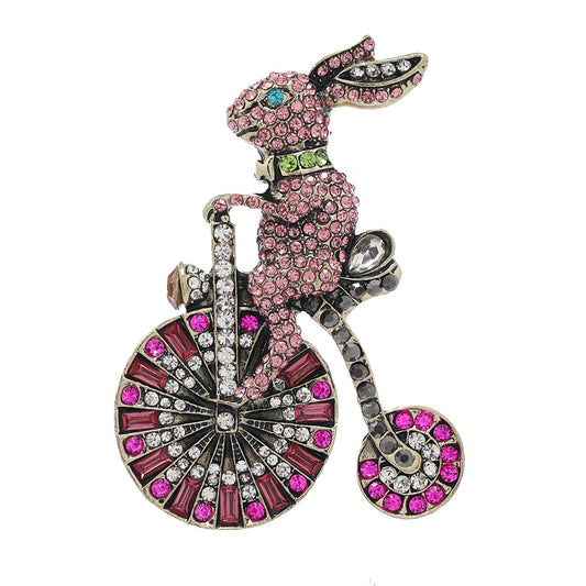 Rabbit Bicycle Brooch,Vintage Animal Brooch,Colorful Rhinestone Brooch Pins,Metal Animal Jewelry