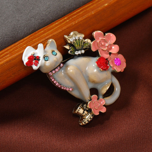 Cute Cat Brooch,Vintage Glaze Kitty Brooch,Colorful Rhinestone Flower Brooch Pins,Metal Animal Jewelry