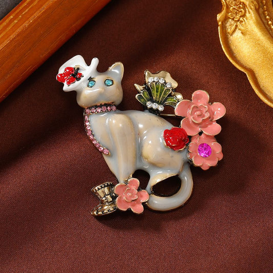 Cute Cat Brooch,Vintage Glaze Kitty Brooch,Colorful Rhinestone Flower Brooch Pins,Metal Animal Jewelry