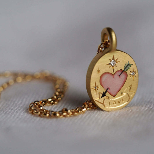 Cute Pink Heart Necklace,Manual Drawing Flower Love Pendant,18K Gold Copper Jewelry