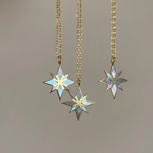 Natural Abalone Shell Octagonal Star Pendant Necklace,Natural Material Collarbone Chain,18K Gold Titanium Steel Jewelry